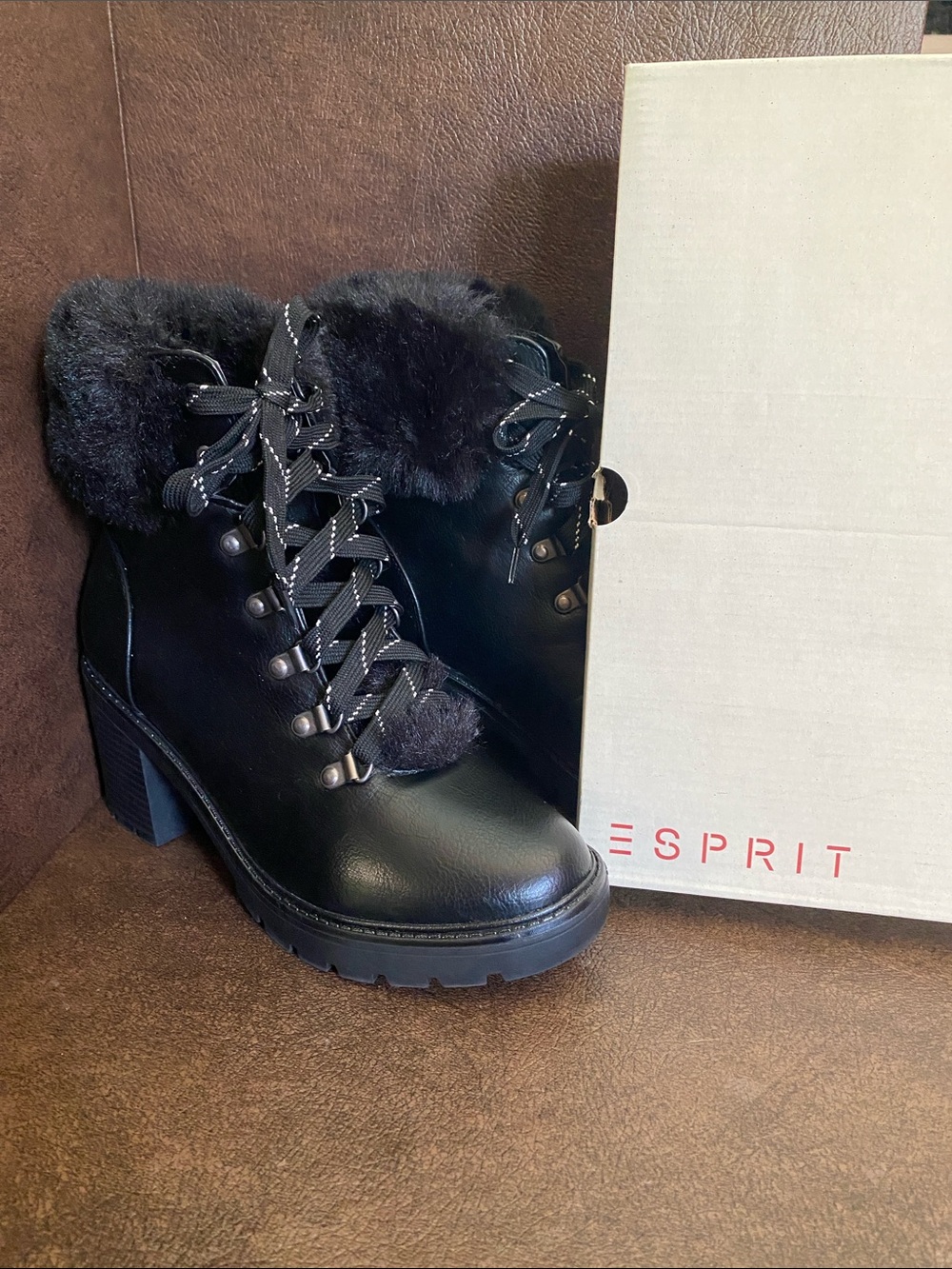Esprit Black Faux Fur Lace-Up Block Heel Ankle Boots